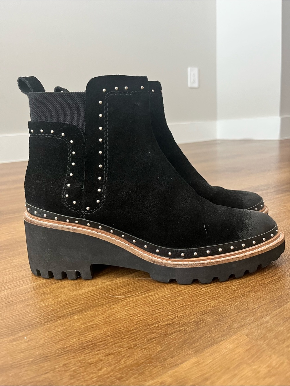 Dolce Vita Black Suede Chelsea Booties with Lug Sole
